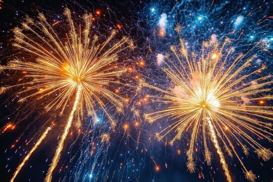 Bright golden fireworks bursting against a dark blue night sky filled with scattered sparks and smoke, creating a festive and celebratory atmosphere - Powered by Adobe