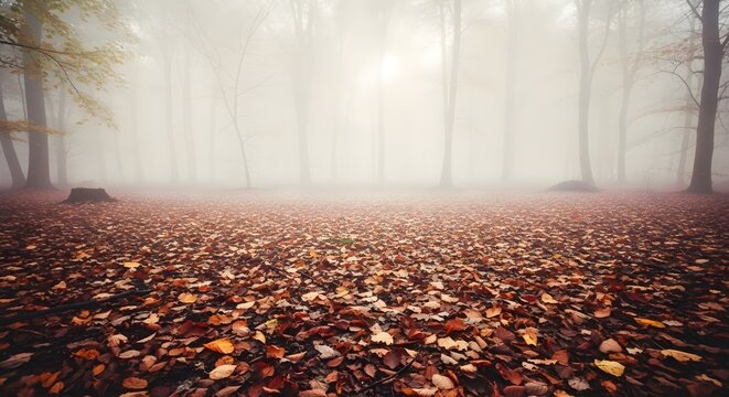 Misty autumn forest floor covered in fallen leaves, creating a serene and atmospheric scene. - Powered by Adobe