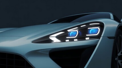 Fototapeta premium Close up of a light blue sports car with bright blue headlights and a dark background around it