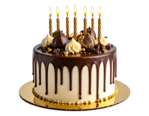 - Elegant chocolate drip birthday cake with gold decorations and candles, isolated on a transparent background, PNG