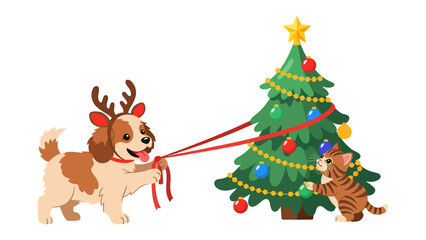 Fototapeta premium Festive Friends: A charming illustration depicts a playful puppy, adorned with reindeer antlers, joyfully pulling a Christmas tree with the help of a curious kitten.