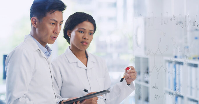 Medical, tablet and glass wall with people in lab for blood sample, vaccine formula and enzyme reaction. Chemical research, digital report and brainstorming equation with scientists in clinic