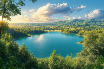 Scenic landscape with a tranquil turquoise lake surrounded by lush green trees and rolling hills under a partly cloudy sky at sunset