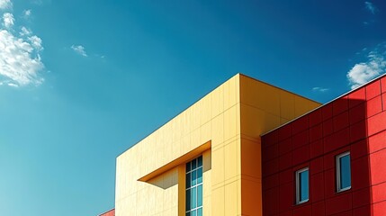Obraz premium Modern building with vibrant yellow and red walls under a bright blue sky with scattered white clouds