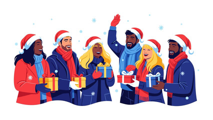 Joyful Winter Gathering: A group of friends, bundled in winter attire, exchange gifts and celebrate a festive holiday season, embodying togetherness and joy.