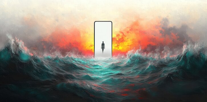 Silhouette of a person walking through a large glowing doorway surrounded by turbulent ocean waves and a fiery colorful sky, evoking a sense of mystery and transition