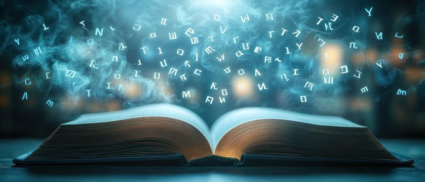 Open book with glowing pages emitting floating letters and wisps of smoke against a blurred background creating a magical and mystical atmosphere
