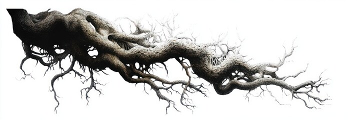 Twisted, gnarled tree branch with many fine, intricate smaller branches extending outward on a white background