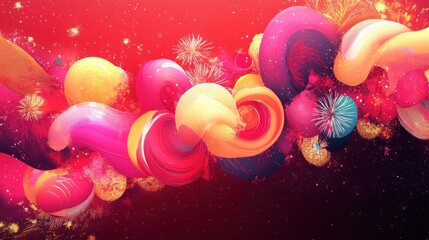 Vibrant swirling colorful strokes and bright dynamic fireworks against a deep red and black background creating a festive and energetic atmosphere