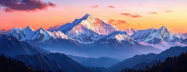 panoramic view of snow-covered mountain range at sunset with vibrant orange and pink sky