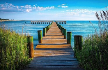 Obraz premium Wooden pier extending into calm blue water with green vegetation on both sides under a bright blue sky with scattered clouds