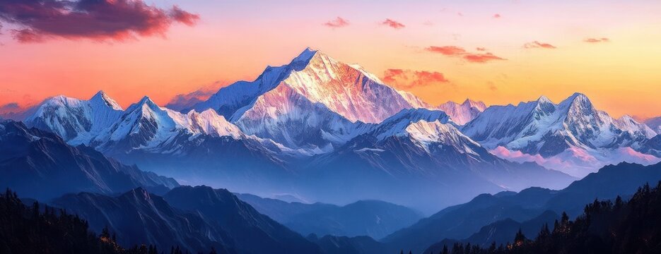 panoramic view of snow-covered mountain range at sunset with vibrant orange and pink sky
