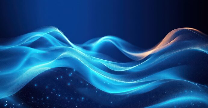 Flowing luminous blue waves with sparkling particles against a dark blue background creating a serene and dynamic abstract scene