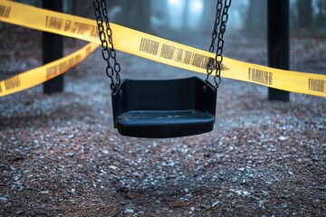 Empty black swing hanging in a playground surrounded by yellow caution tape with a gloomy, misty forest background, evoking a sense of restriction and stillness
