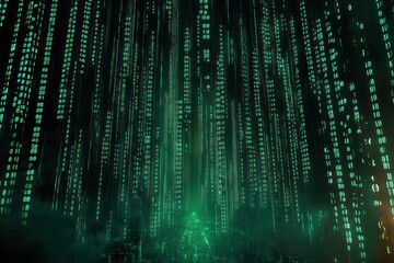 Dark digital environment filled with glowing green vertical streams of binary code resembling futuristic data flow in a mysterious and immersive space