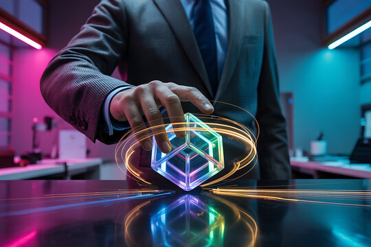 Person using a stylus on a tablet with a holographic interface showing a robotic arm and a checklist, representing automation and task management