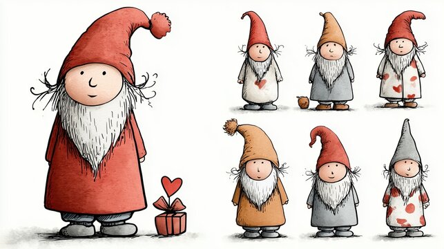 Collection de gnomes color&eacute;s avec barbes blanches et bonnets pointus