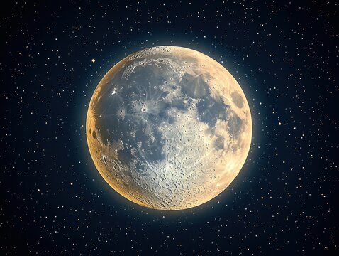 Detailed close-up of the full moon with visible craters glowing softly against a backdrop of numerous tiny stars in the night sky