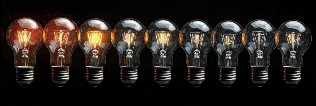 Row of ten incandescent light bulbs against a black background showing gradual change from glowing filaments to unlit bulbs