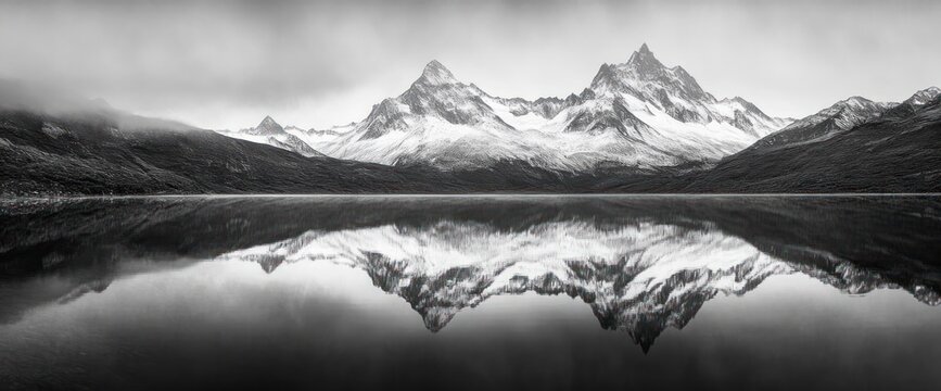 Black and white serene mountain landscape with snow-covered peaks reflected perfectly in still lake water under cloudy sky