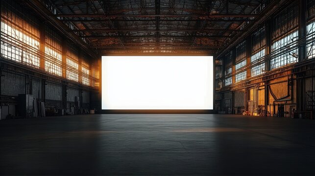 Large empty industrial warehouse illuminated by warm sunlight with a giant blank screen on one end, metal structures and high windows creating a spacious atmosphere