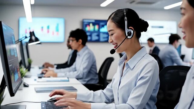 Smiling Asian Customer Service Agent Working in a Modern Diverse Call Center Office - Powered by Adobe