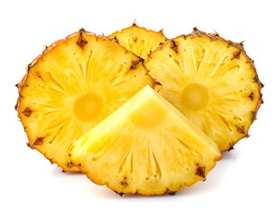 Close-up of sliced golden pineapple with rough outer skin against a clean white backdrop