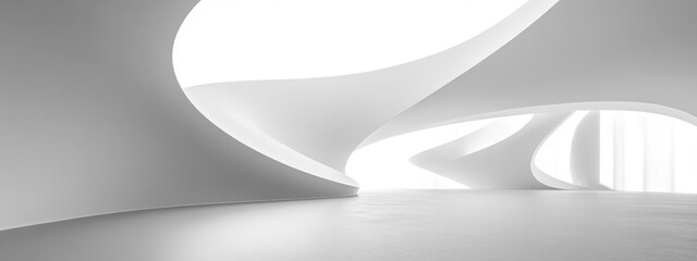 Minimalist and futuristic interior space with curving white walls and glowing light creating a clean and open atmosphere
