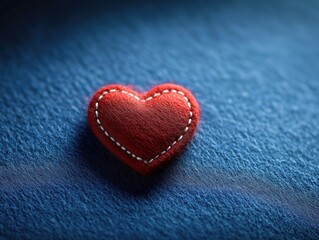 Fototapeta premium Close-up of a red stitched fabric heart placed on textured blue fabric background evoking warmth and affection