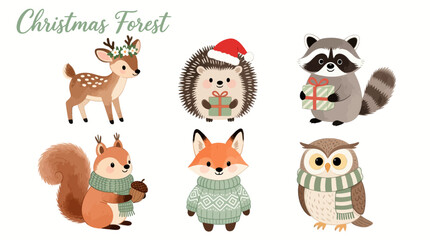 Obraz premium Cute Christmas forest animals in festive sweaters and hats 