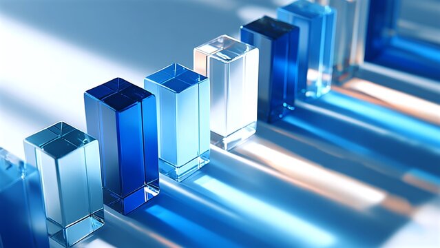 Glass blocks arranged in a receding row, reflecting blue light and creating dramatic shadows, visualizing data, technology, and sequential progress
