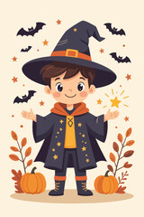 Young boy dressed as a wizard with pumpkins and bats for Halloween  