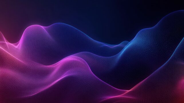 Abstract flowing wave-like mesh with glowing purple and blue neon lights on a dark background creating a futuristic and smooth digital landscape