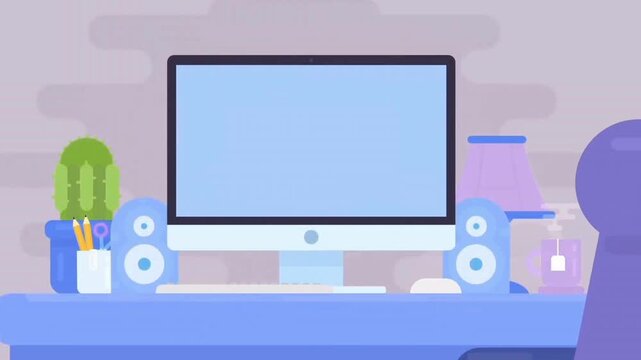 Desktop computer setup with speakers, cactus, and tea cup monitor keyboard