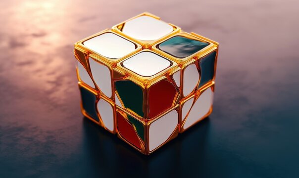 Close-up of a glossy puzzle cube with distorted multicolored faces and shiny golden frames on a dark reflective surface under warm light