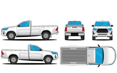 Pickup car vector. Car mockup illustration of a pick up single cab. Isolated on white background, With side, front, rear and top views © Deden Irfandi