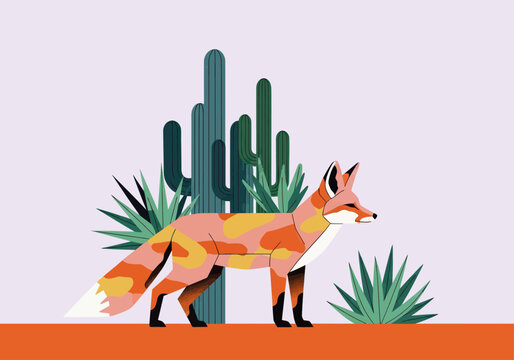 Colorful fox standing near desert plants in a minimalist style  