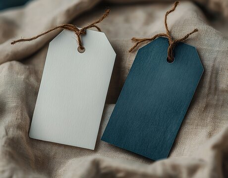 two blank rectangular tags one white and one dark blue with rounded top corners and jute string loops placed on textured beige fabric