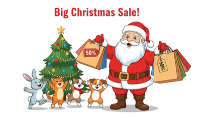 Festive Sale Announcement: Santa Claus and his furry friends joyfully promote a Big Christmas Sale, perfect for spreading holiday cheer and finding the ideal presents.