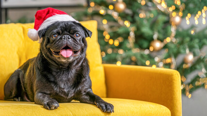 Festive pug wearing a Santa hat relaxing on a bright yellow couch beside a beautifully decorated Christmas tree