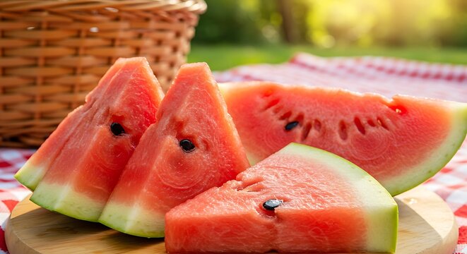 Close-up of sliced watermelon on wooden board with picnic basket and red checkered cloth