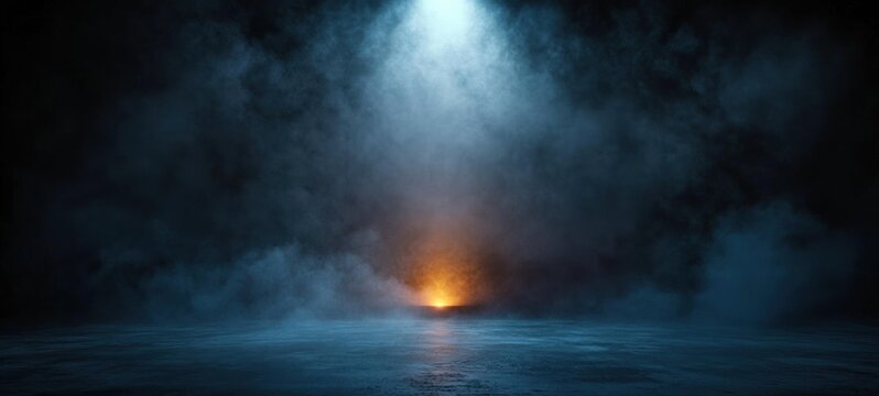 Mysterious dark scene with dense smoke illuminated by a bright blue spotlight from above and warm orange light near the ground creating an eerie atmosphere