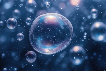 Close-up view of translucent bubbles floating in a dark liquid environment with soft glowing highlights and delicate reflections