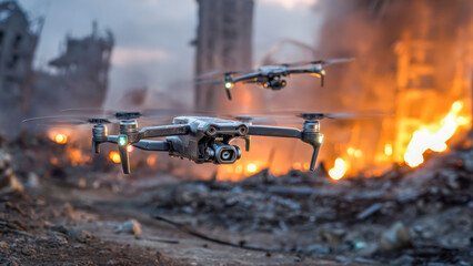 Drones soar above the ruins, capturing the aftermath of destruction in a city left in chaos as smoke rises and flames flicker during the twilight hour