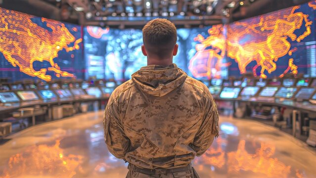 Military officer overseeing global operations in a high tech command center, monitoring strategic data and world maps on multiple large screens for surveillance and defense