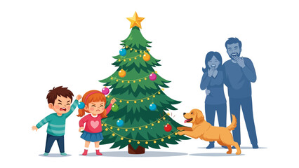 Joyful Holiday Moments: A heartwarming scene unfolds as a family prepares for the festive season. Two children and their playful dog interact, decorating a beautifully adorned Christmas tree.