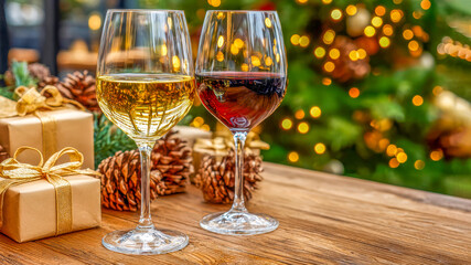 Festive gathering with fine wines and holiday gifts beautifully arranged near a decorated Christmas tree