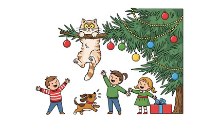 Christmas Catastrophe: A playful cat playfully engages in a Christmas tree decor, joined by excited children, evoking a cheerful scene of fun and festive spirit.