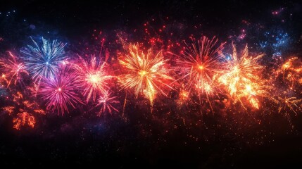 Colorful fireworks bursting in the night sky with vibrant red, orange, pink, and purple explosions emitting bright sparks and light