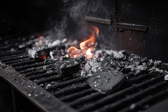 Close-up of glowing charcoal burning with visible flames and smoke on a metal grill grate in a dark setting